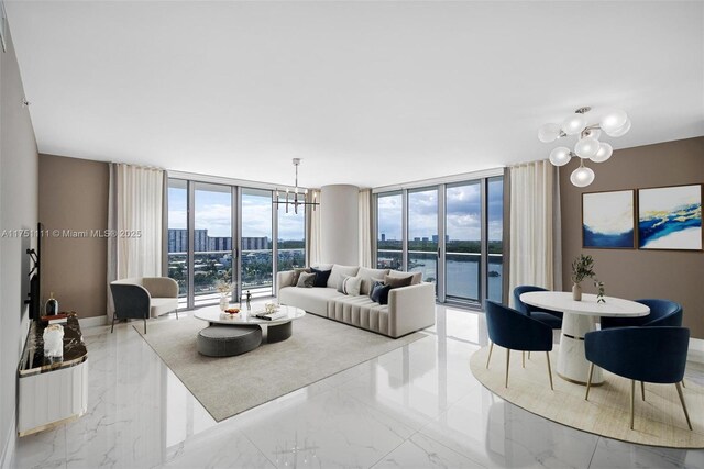 300 Sunny Isles Blvd Unit 4-1208, Sunny Isles Beach, FL 33160 - living room featuring a chandelier, marble tiled floors, expansive windows, and a view of city