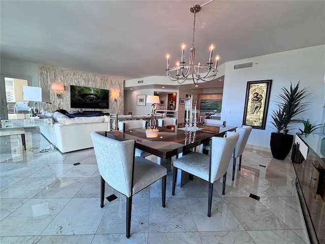 dining area with baseboards, visible vents, marble finish floor, a notable chandelier, and recessed lighting