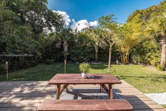 wooden deck featuring a lawn