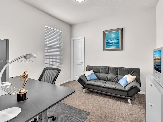 carpeted office featuring baseboards and a textured ceiling