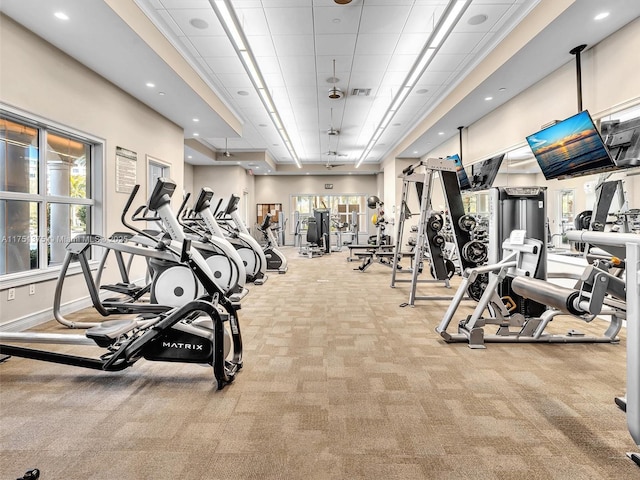 workout area with carpet floors, visible vents, and recessed lighting