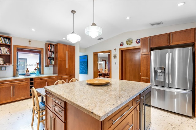 kitchen with wine cooler, a center island, open shelves, lofted ceiling, and stainless steel fridge with ice dispenser