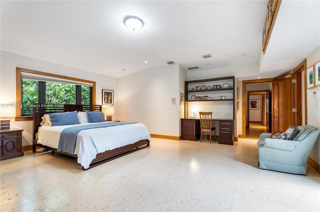 bedroom featuring recessed lighting, visible vents, baseboards, tile patterned floors, and built in desk