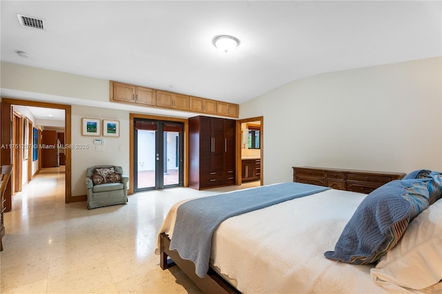 bedroom featuring access to exterior, french doors, light floors, lofted ceiling, and visible vents