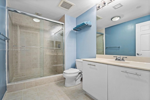 full bathroom featuring tile patterned flooring, visible vents, a shower stall, and toilet