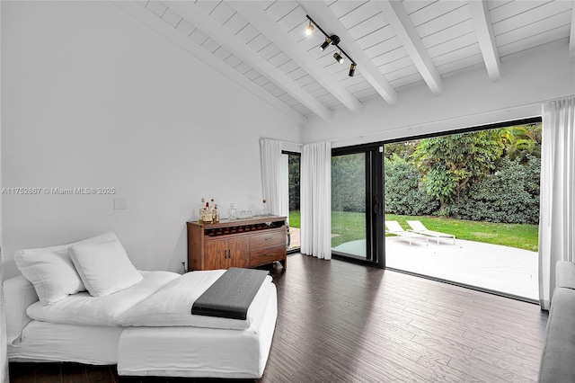 bedroom featuring high vaulted ceiling, access to exterior, beamed ceiling, dark wood finished floors, and track lighting