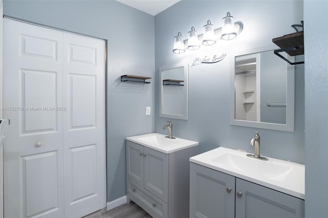 bathroom with a closet, two vanities, a sink, and wood finished floors