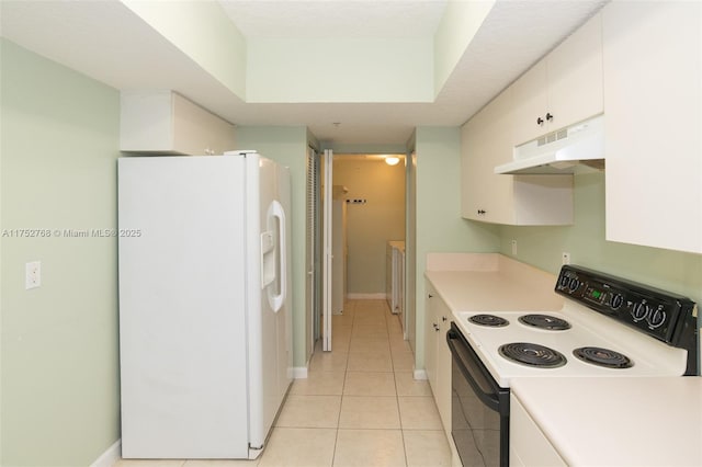 kitchen featuring electric stove, white refrigerator with ice dispenser, light tile patterned floors, light countertops, and under cabinet range hood