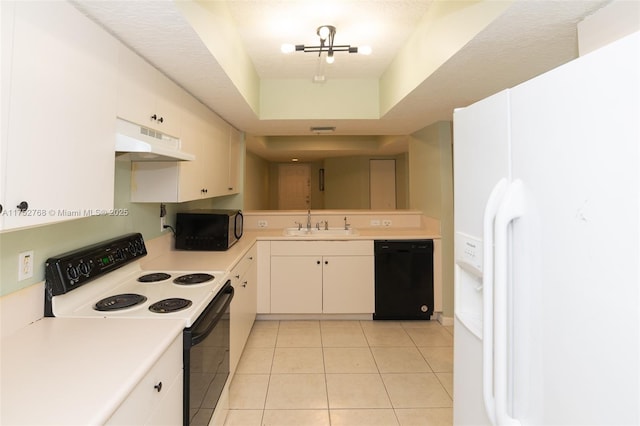 kitchen with under cabinet range hood, white refrigerator with ice dispenser, a sink, electric range oven, and dishwasher