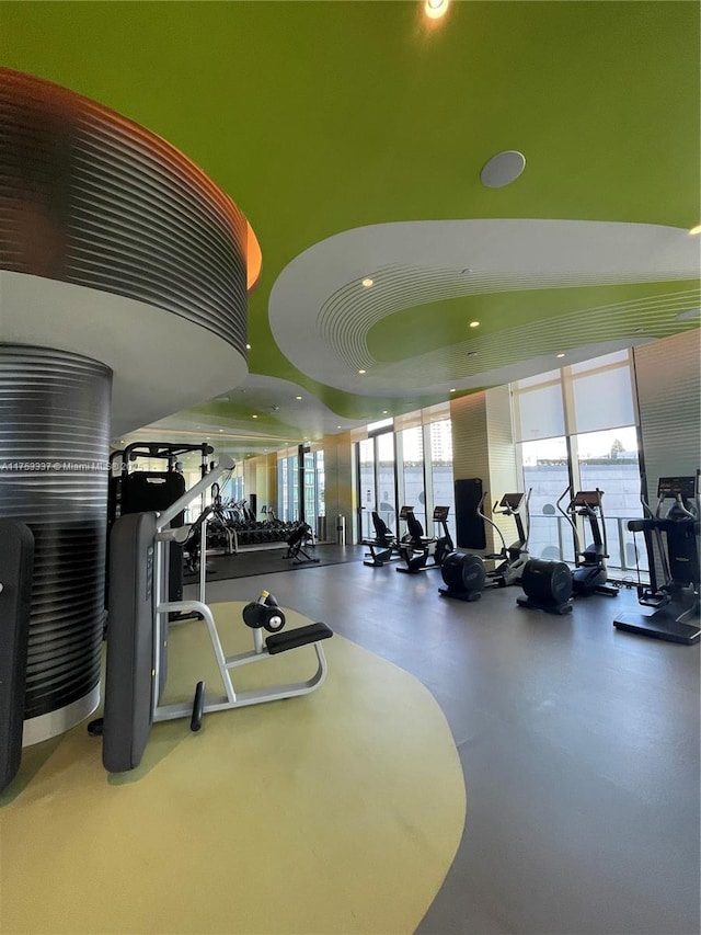 exercise room with recessed lighting