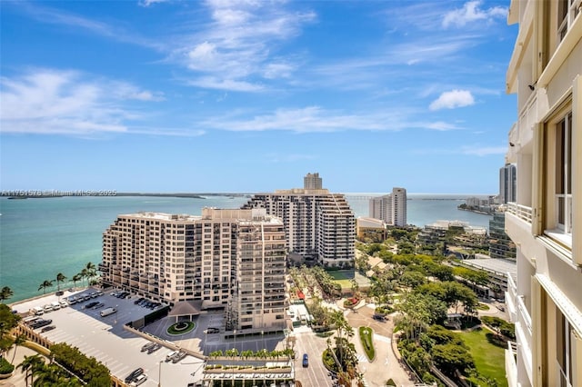 drone / aerial view featuring a water view and a city view