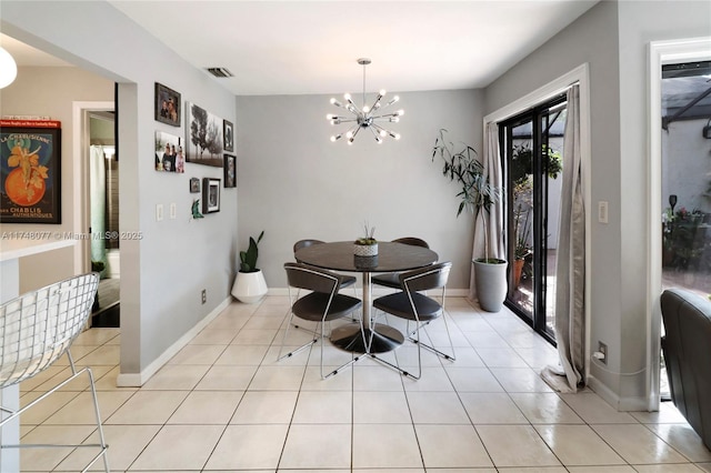 dining area featuring baseboards, visible vents, an inviting chandelier, and light tile patterned floors