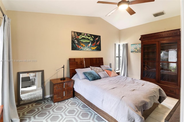 bedroom with lofted ceiling, visible vents, and a ceiling fan