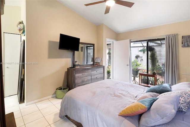 bedroom featuring lofted ceiling, ceiling fan, light tile patterned flooring, baseboards, and access to exterior