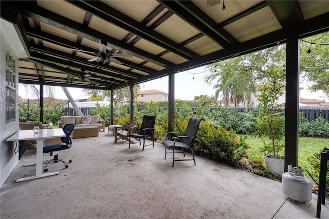 view of patio / terrace featuring ceiling fan, outdoor lounge area, and a fenced backyard