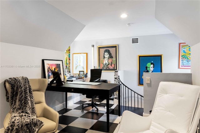 home office featuring recessed lighting, visible vents, and tile patterned floors