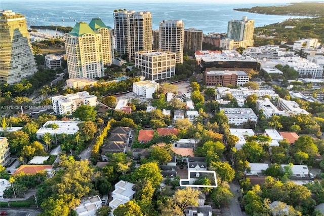 aerial view featuring a water view and a city view