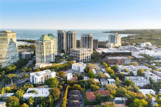 aerial view featuring a view of city and a water view