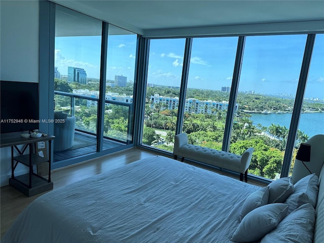 bedroom featuring a water view, floor to ceiling windows, a city view, and wood finished floors