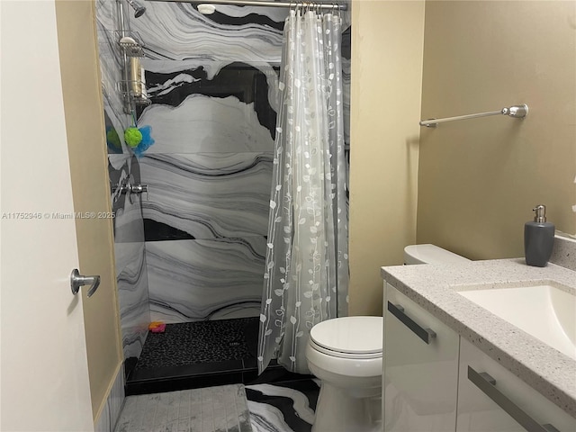 full bathroom featuring a shower with curtain, vanity, and toilet