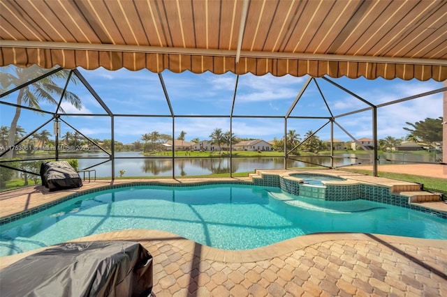 view of swimming pool with a patio area, glass enclosure, a water view, and a pool with connected hot tub