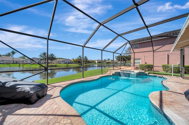 view of swimming pool with a water view, a patio area, a pool with connected hot tub, and a lanai