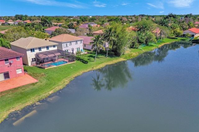 aerial view with a water view and a residential view