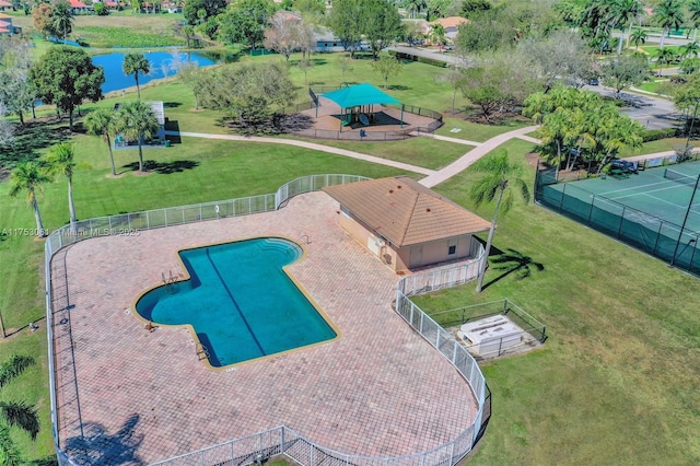 drone / aerial view with a water view