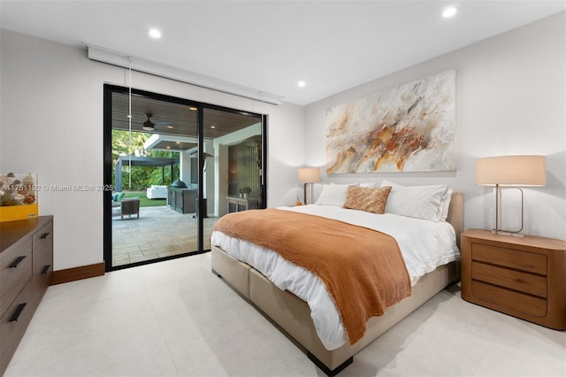 bedroom featuring baseboards, access to outside, and recessed lighting