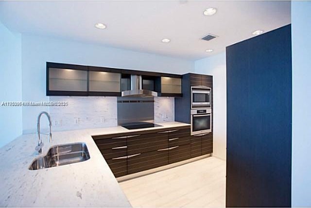 kitchen with decorative backsplash, modern cabinets, extractor fan, stainless steel appliances, and a sink