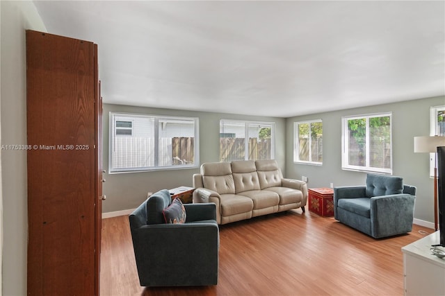 living room with light wood-type flooring and baseboards