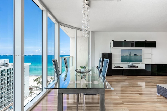 dining space featuring floor to ceiling windows, a water view, a beach view, and wood finished floors