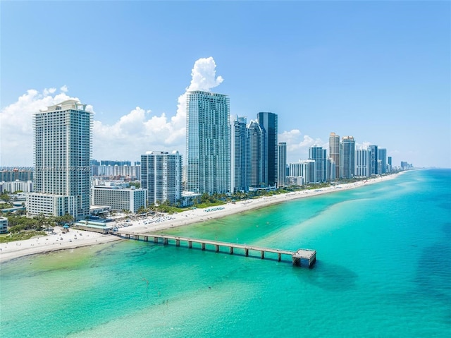 exterior space with a water view, a view of the beach, and a city view