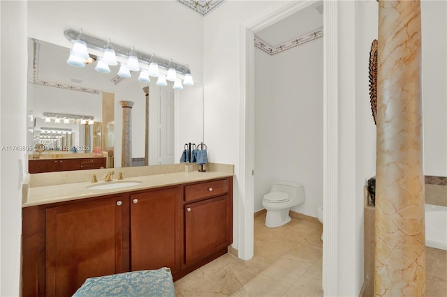 bathroom featuring a bath, walk in shower, vanity, and toilet