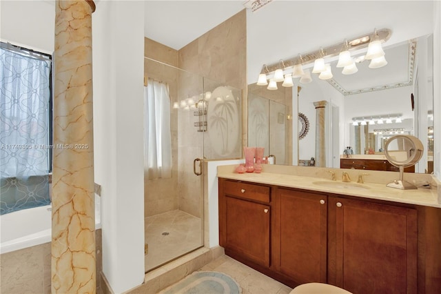 full bath featuring a tub, a shower stall, tile patterned flooring, and vanity