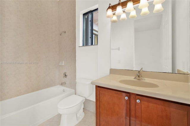 bathroom with tile patterned flooring, shower / bath combination, vanity, and toilet