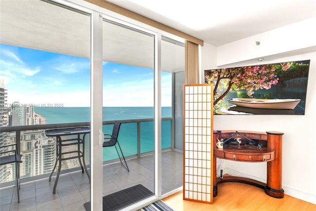 doorway featuring a city view, a water view, wood finished floors, a wall of windows, and baseboards