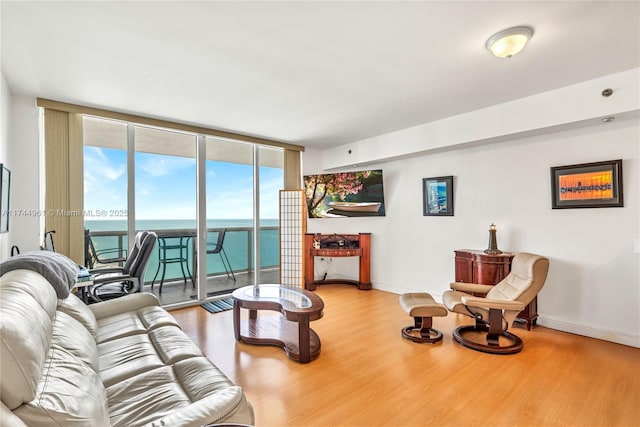 living area featuring baseboards, wood finished floors, and floor to ceiling windows