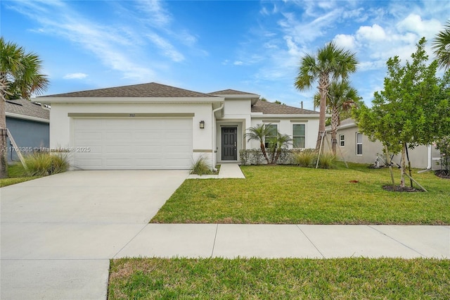 view of front of house with an attached garage, concrete driveway, a front yard, and stucco siding