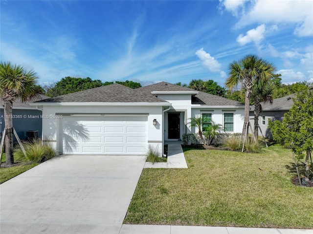 3705 Bennington Ln, Fort Pierce, FL 34981 - ranch-style home with a garage, stucco siding, driveway, a front yard, and a shingled roof
