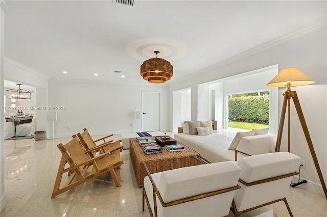 living room featuring baseboards, visible vents, ornamental molding, a chandelier, and recessed lighting