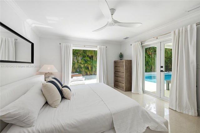 bedroom featuring ornamental molding, french doors, multiple windows, and access to exterior