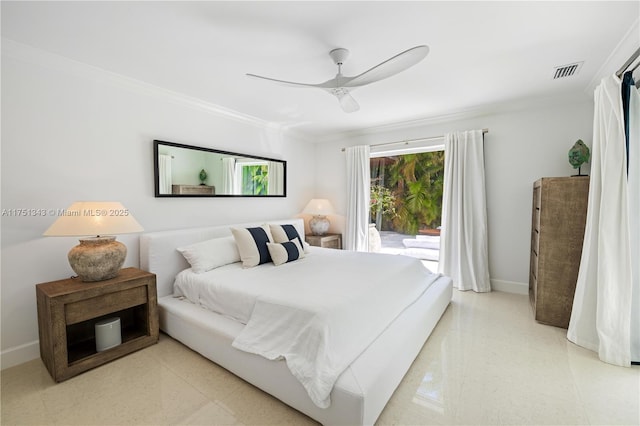 bedroom featuring baseboards, visible vents, ceiling fan, access to exterior, and crown molding