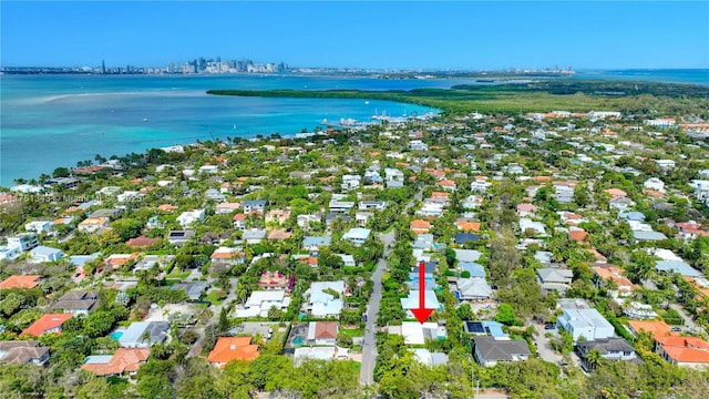 aerial view with a water view and a residential view