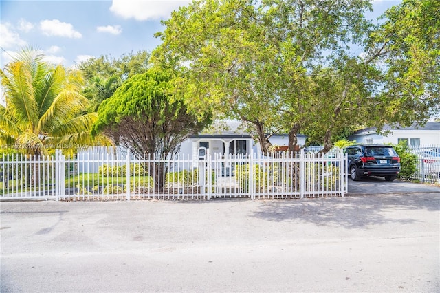 view of property hidden behind natural elements with a fenced front yard