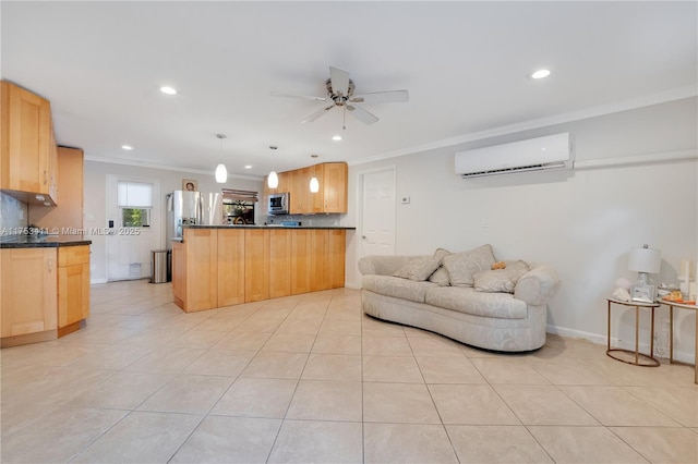 living room with ceiling fan, ornamental molding, a wall mounted AC, and light tile patterned floors