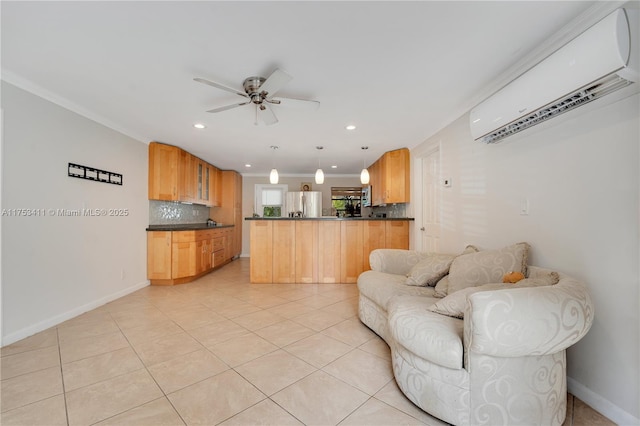 kitchen with open floor plan, a wall mounted AC, backsplash, freestanding refrigerator, and dark countertops