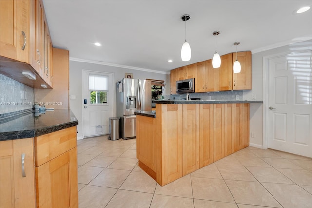 kitchen featuring light tile patterned floors, a peninsula, ornamental molding, appliances with stainless steel finishes, and decorative backsplash