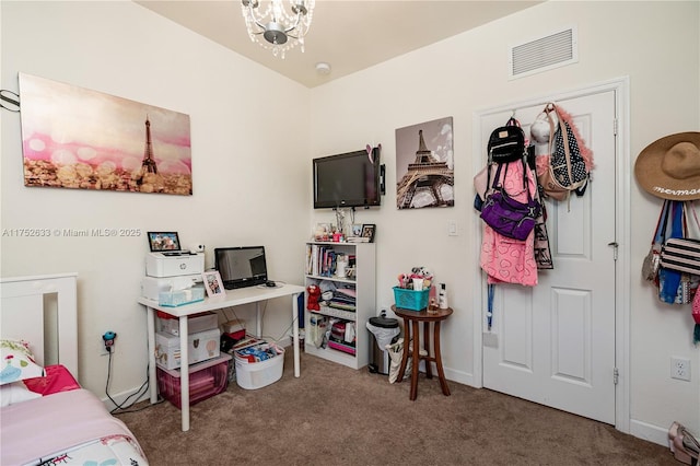 carpeted bedroom with baseboards, visible vents, and a notable chandelier