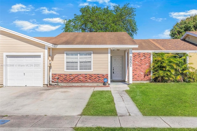 ranch-style house featuring driveway, a shingled roof, an attached garage, a front lawn, and brick siding